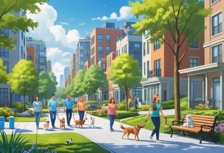 A lively city neighborhood with people walking dogs and spending time with pets in parks and on sidewalks.