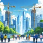 A busy city skyline with tall buildings, construction cranes, people walking on streets, green spaces, and public transportation showing urban growth.