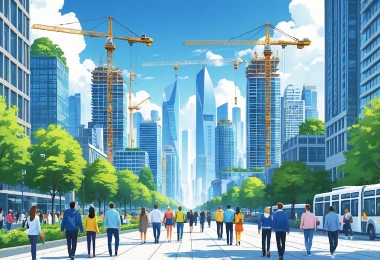 A busy city skyline with tall buildings, construction cranes, people walking on streets, green spaces, and public transportation showing urban growth.