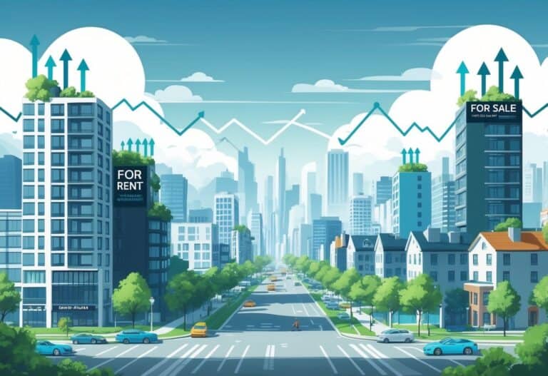 A city scene showing tall apartment buildings with rising rent indicators on one side and suburban houses with stable mortgage indicators on the other side.