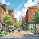 A lively city scene showing historic buildings being renovated alongside modern structures, with people walking and enjoying green spaces in a revitalized urban district.