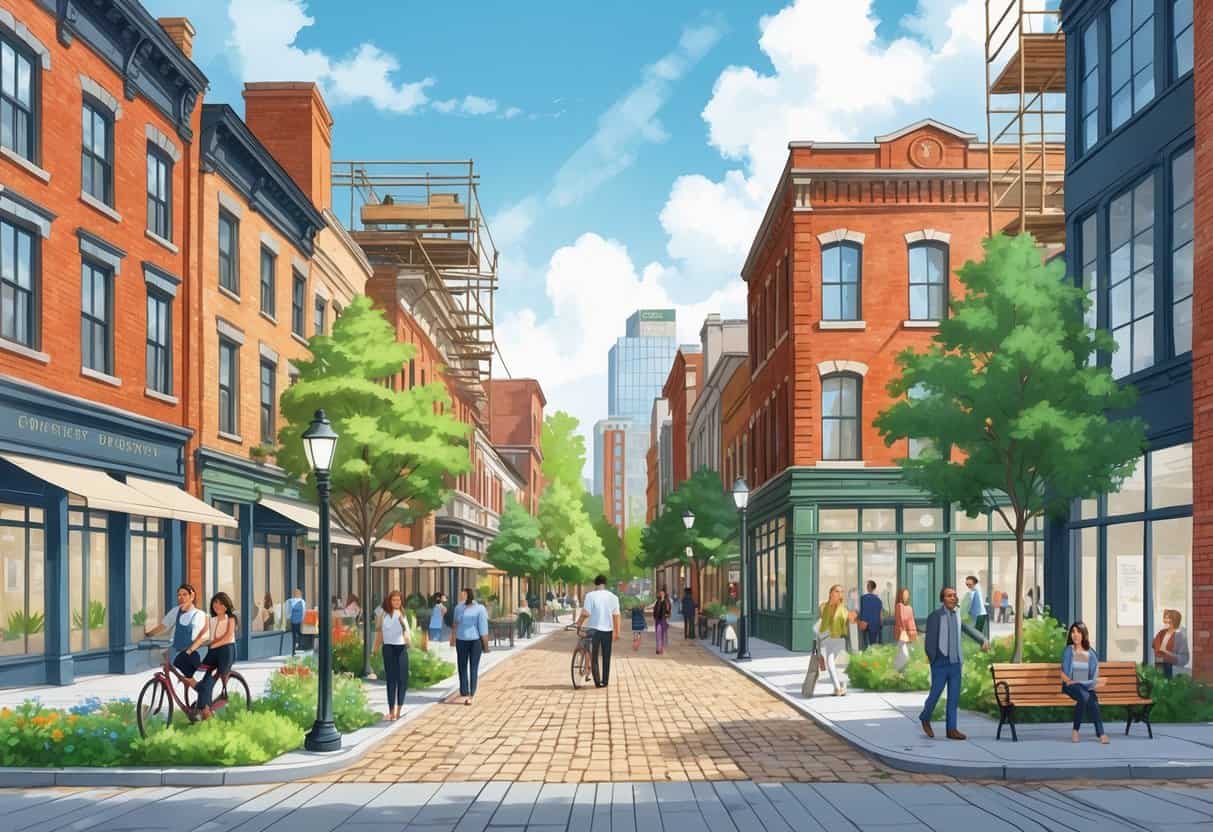 A lively city scene showing historic buildings being renovated alongside modern structures, with people walking and enjoying green spaces in a revitalized urban district.