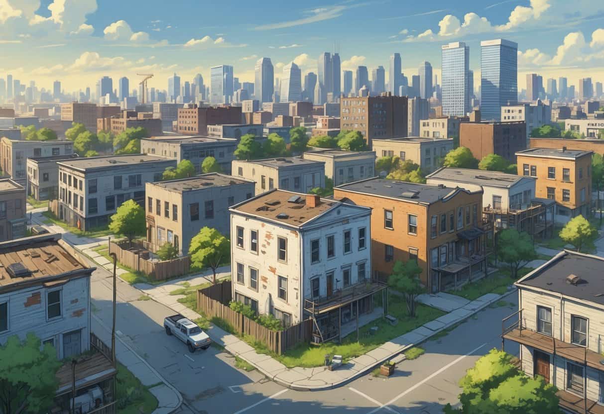 An urban scene showing several abandoned and rundown buildings alongside some under renovation, with city skyscrapers in the background and signs of construction and renewal.