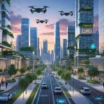 A futuristic cityscape with modern skyscrapers, green rooftops, autonomous vehicles, and drones, showing a high-tech urban environment focused on real estate innovation.
