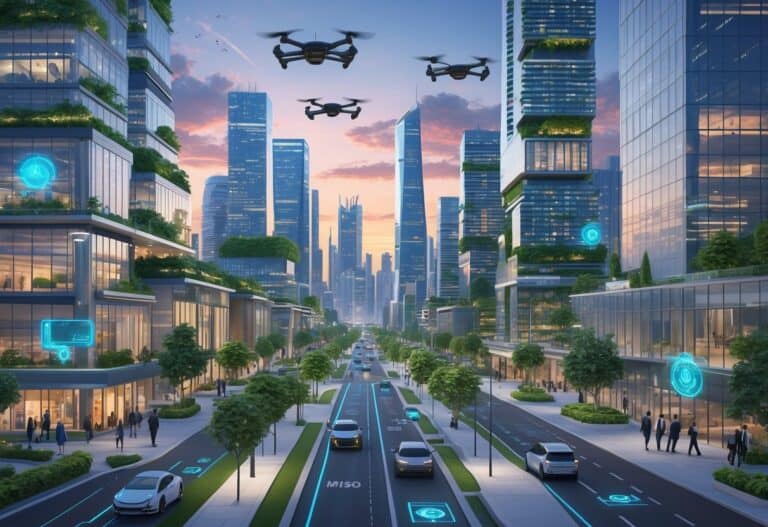 A futuristic cityscape with modern skyscrapers, green rooftops, autonomous vehicles, and drones, showing a high-tech urban environment focused on real estate innovation.
