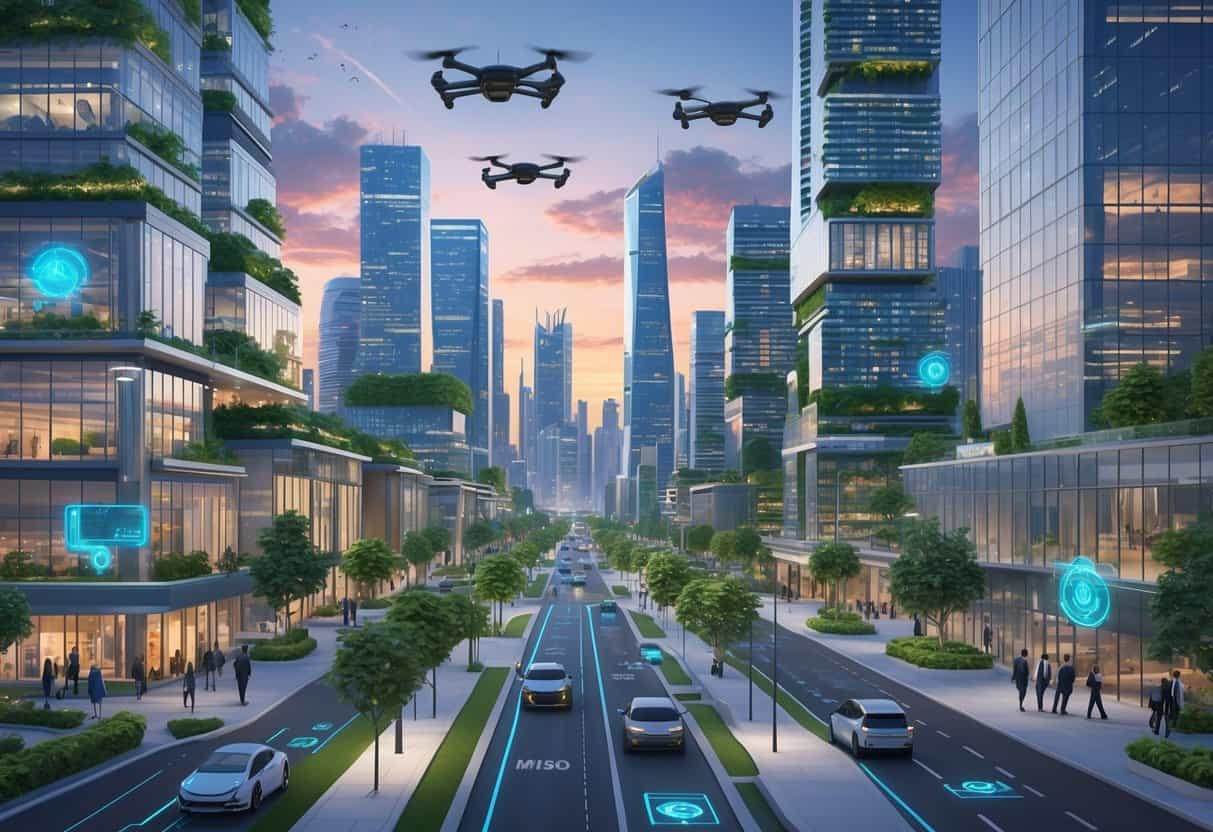 A futuristic cityscape with modern skyscrapers, green rooftops, autonomous vehicles, and drones, showing a high-tech urban environment focused on real estate innovation.