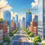A busy downtown city with tall buildings, construction cranes, people walking on sidewalks, and green spaces showing urban renewal.