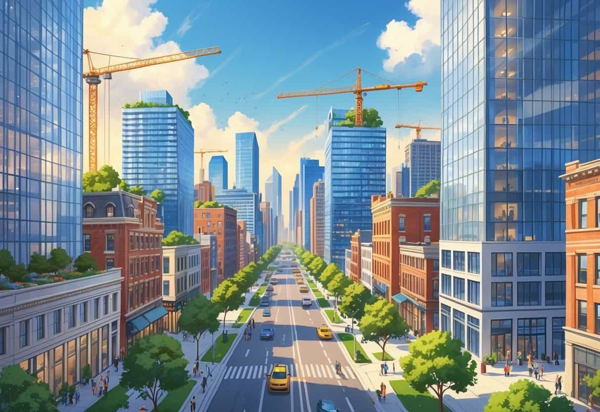 A busy downtown city with tall buildings, construction cranes, people walking on sidewalks, and green spaces showing urban renewal.