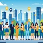 Young adults using digital devices in a modern city with high-rise buildings and green spaces, representing urban home buying opportunities.