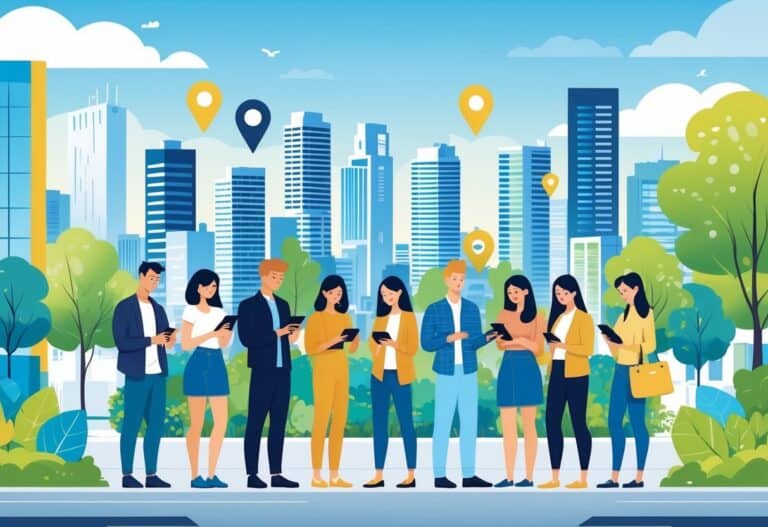 Young adults using digital devices in a modern city with high-rise buildings and green spaces, representing urban home buying opportunities.