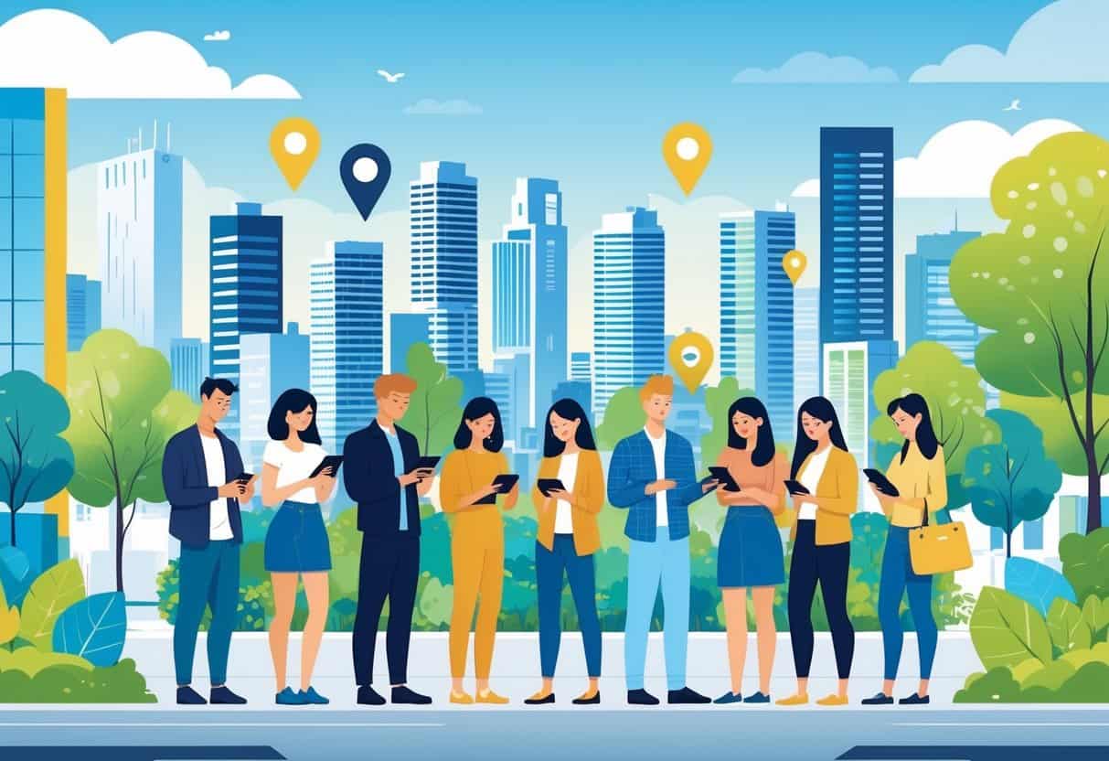 Young adults using digital devices in a modern city with high-rise buildings and green spaces, representing urban home buying opportunities.