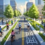 A lively city street with people riding bicycles in dedicated bike lanes surrounded by trees, modern buildings, and eco-friendly features.