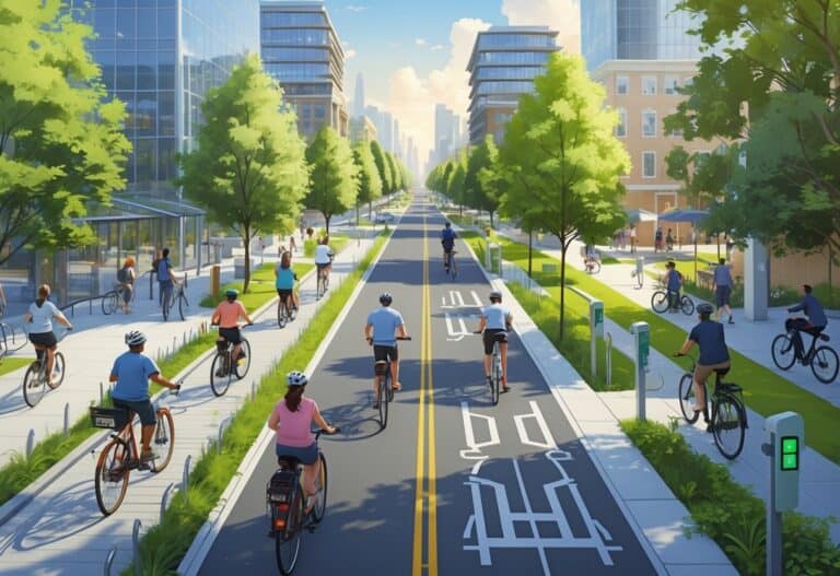 A lively city street with people riding bicycles in dedicated bike lanes surrounded by trees, modern buildings, and eco-friendly features.
