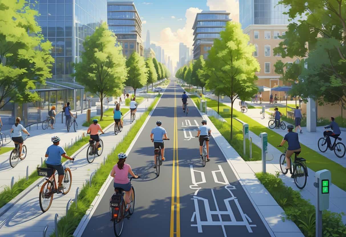A lively city street with people riding bicycles in dedicated bike lanes surrounded by trees, modern buildings, and eco-friendly features.